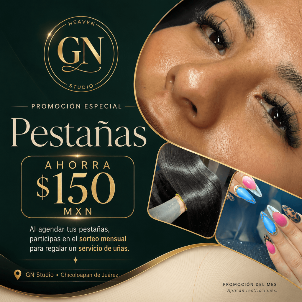 Promoción de pestañas en GN Studio en Chicoloapan de Juárez con descuento especial y oportunidad de ganar uñas gratis